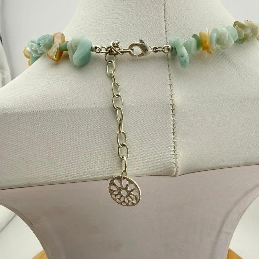 Silver Tone Necklace Mother of Pearl Stone Filigree Medallion Boho Pendant